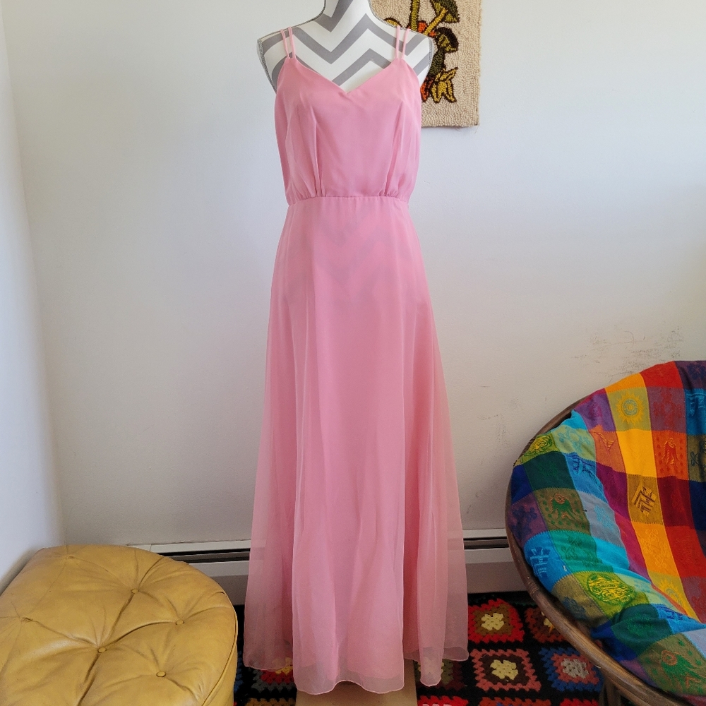 70s Vintage Light Pink Chiffon Prom Dress